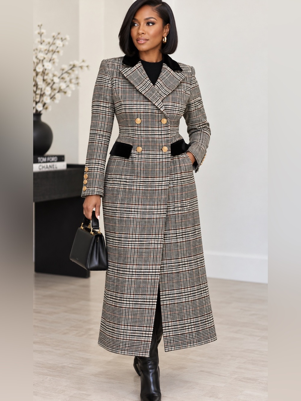 7 For All Mankind plaid Houndstooth Double-Breasted Trench Coat